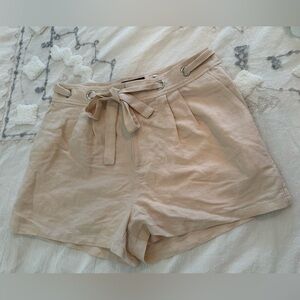 PAIGE High Waist Linen/Rayon Cream Shorts with Tie Detail